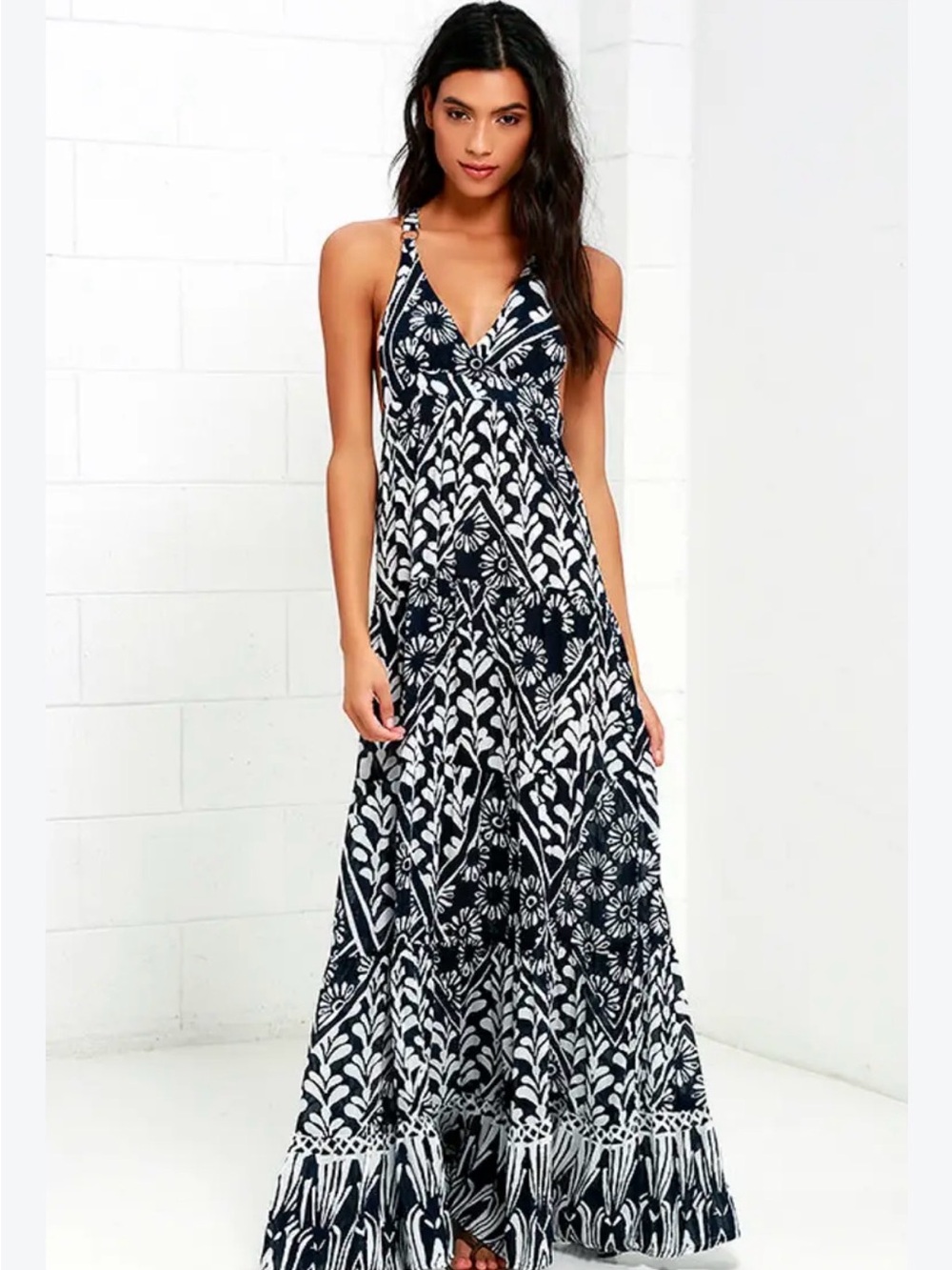 Raga Tropic Blues Navy Blue Floral Print Maxi V-neck Dress